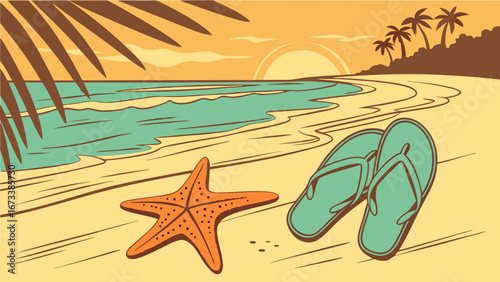 Beach Sunset with Starfish and Sandals Illustration.