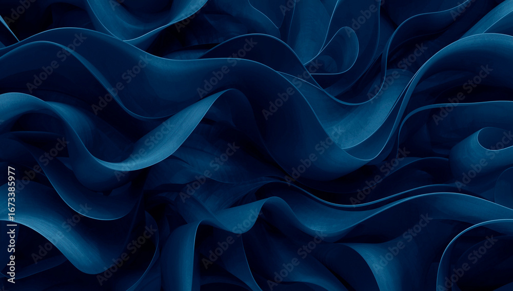 Fototapeta premium the edges of the folded dark blue background fabric, 3D illustration of abstract dark blue slippery fabric with twisted folds, blue silk satin background