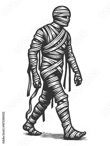creepy mummy monster covered in tattered bandages, walking forward in a frightening Halloween theme sketch engraving generative ai vector illustration. Scratch board imitation. Black and white image.