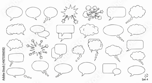 Collection of various speech bubble designs, suitable for expressing thoughts, dialogue, and communication in visual formats.