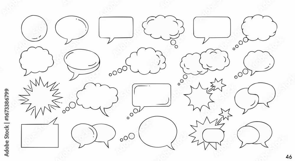 Obraz premium A large collection of hand-drawn outline speech bubbles, thought bubbles, and comic burst shapes on a white background, perfect for graphic design.