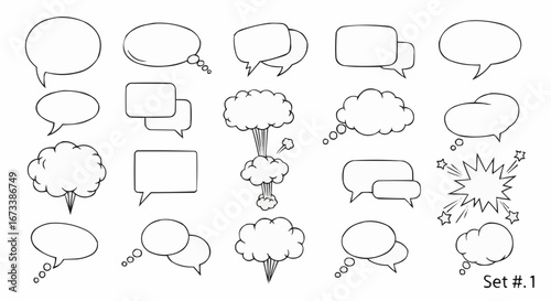 Collection of various speech bubbles and thought clouds in a simple line art style.