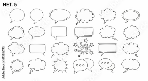 Set of 24 hand-drawn speech bubbles and thought clouds in various doodle styles, isolated on a white background.