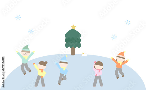 雪の上でジャンプする子供たちのイラスト