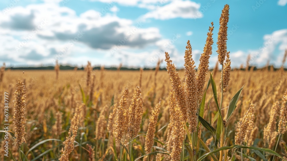 Fototapeta premium Golden grain field under a partly cloudy sky.