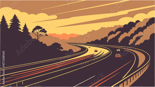Highway at Sunset with Cars.