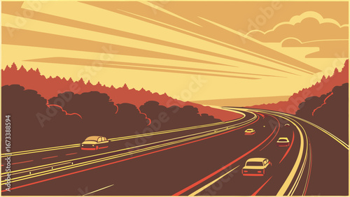 Sunset Highway Drive Cars on Road Scenic Route Vector Illustration Travel Poster Design.