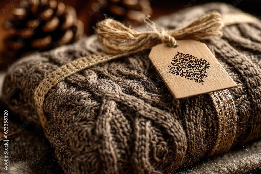Fototapeta premium Cozy brown knit gift, rustic twine, wooden tag