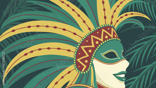 Elegant Carnival Mask with Tropical Leaves Design Festive Celebration Party Decoration Vector Illustration.