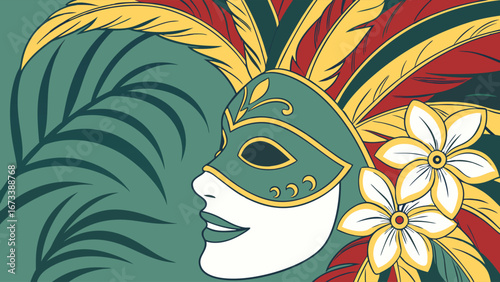 Festive mask and floral art.