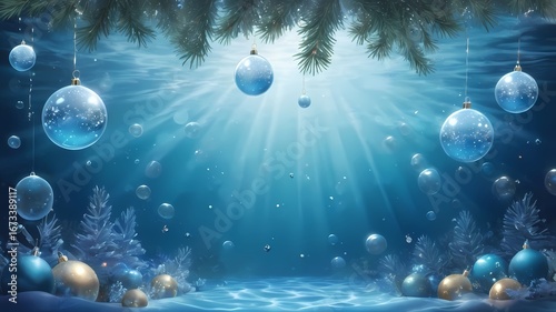 Magical underwater Christmas background with floating ornaments, pine branches and bubbles in soft blue light. Perfect for holiday cards, posters, digital art, festive designs, web banners and decor.