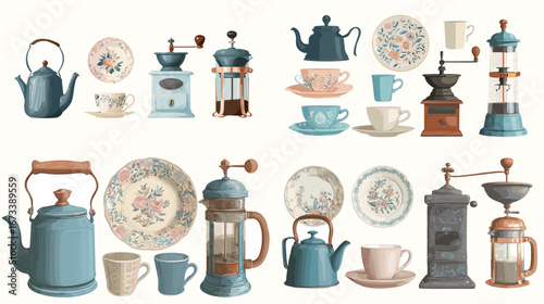 Vintage tea and coffee set illustration with teapots, grinders, cups, and floral plates. Elegant hand-drawn retro kitchenware collection for home decor and design.