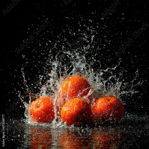 Fresh tangerines splashing in water