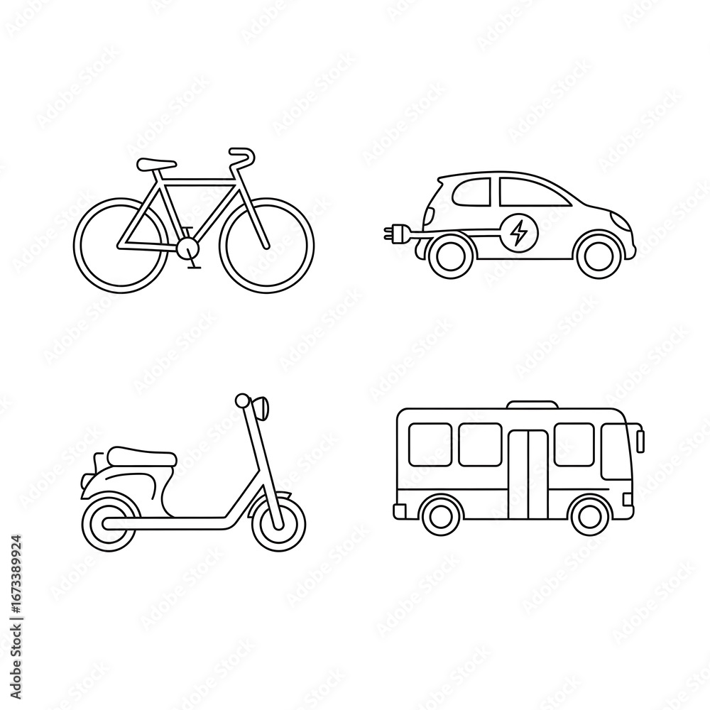 Fototapeta premium Set of line art icons for vehicles bicycle electric car scooter and