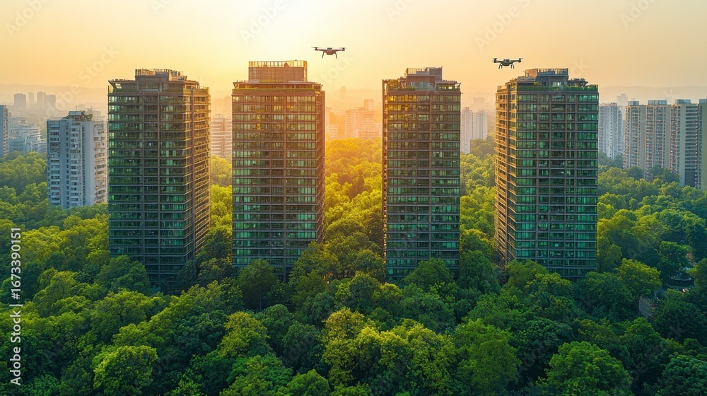 Obraz premium Aerial View of Modern Buildings Surrounded by Lush Green Trees