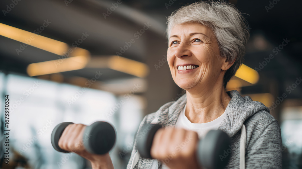 Obraz premium Mature woman with gray hair smiling while exercising with dumbbells
