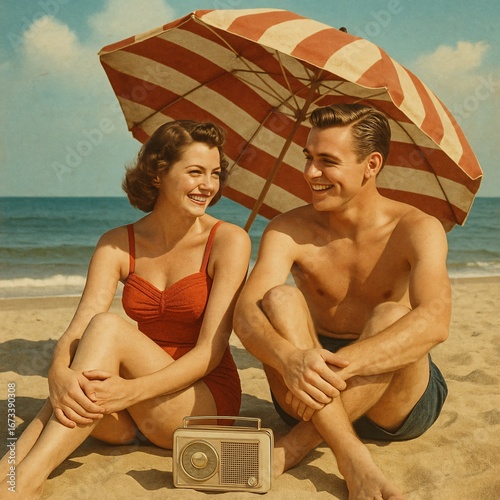 Retro 1950s Beach Couple with Vintage Swimsuits and Transistor Radio