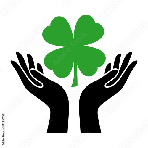 Día de San Patricio. Logo con silueta de manos con la palma hacia arriba con trébol de 4 hojas para tarjetas y felicitaciones 