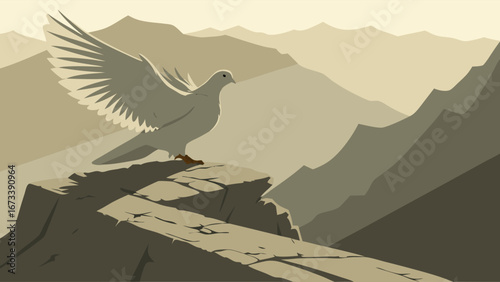A Dove on a Mountain Peak Wings Spread Out.