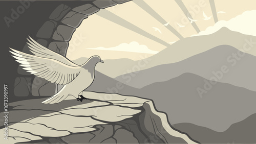 Dove taking flight from a clifftop overlooking a mountain range at sunrise.