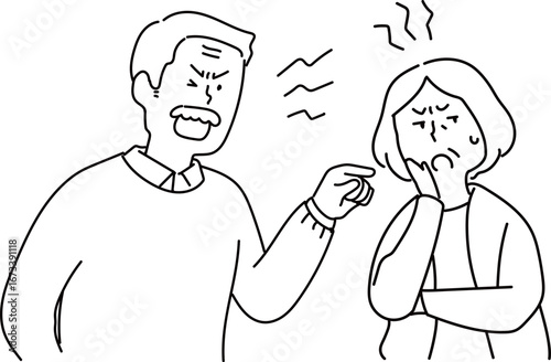 怒りながらクレームを入れるおじさんとおばさん_線画