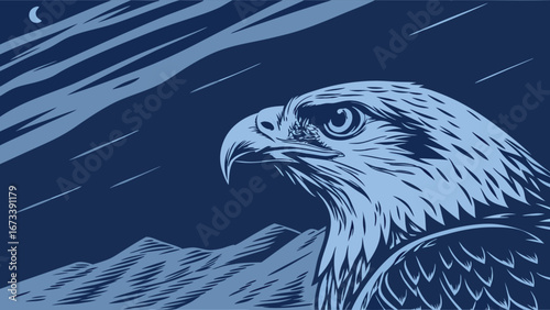 Majestic Eagle at Night Against a Night Sky with Mountains.