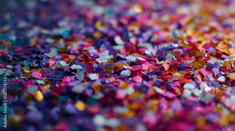 Obraz premium Vibrant colorful confetti scattered over a festive birthday celebration background with bright streamers, glowing bokeh lights, and party decorations for special occasions