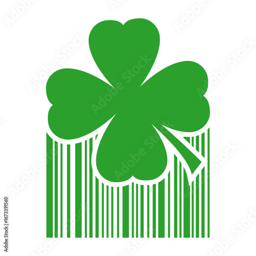 Día de San Patricio. Logo con silueta de trébol de cuatro hojas con código de barras para tarjetas y felicitaciones 
