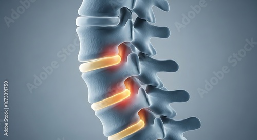 Anatomical View of Human Spine with Glowing Inflamed Discs Illustrating Chronic Back Pain.