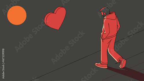 A person walking away from a heart-shaped object in a minimalist style.