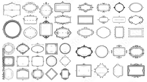 Set of vintage ornamental frames in elegant hand-drawn style. Classic decorative borders with baroque and victorian influence for invitations and graphic design.