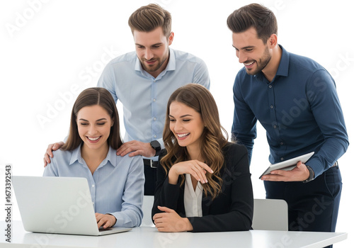 Collaborative Teamwork – Professionals Engaged Around Laptop on White Background