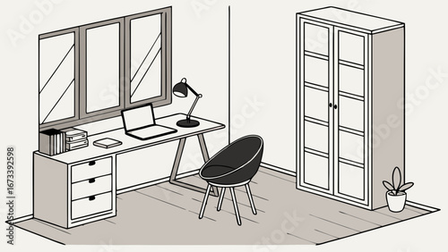 Isometric illustration of a home office workspace with desk chair bookcase and window.