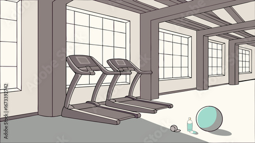 Gym Interior with Exercise Equipment and Fitness Accessories.