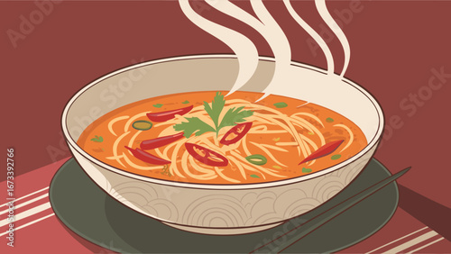 A Bowl of Aromatic Noodle Soup with Steam.