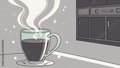 Hot Coffee in Glass Mug Steaming Drink Kitchen Countertop Illustration.