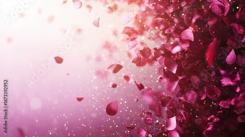 Ethereal cascade of shimmering rose petals and golden bokeh against a soft pink gradient background