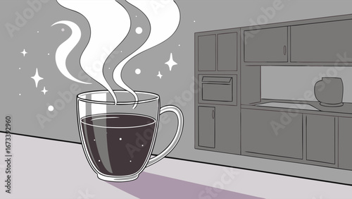 Steaming Coffee in Glass Mug.