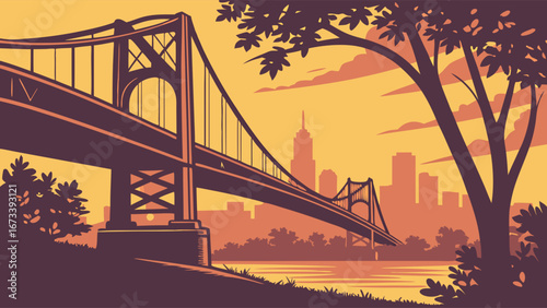 Sunset Cityscape Bridge Over Water.
