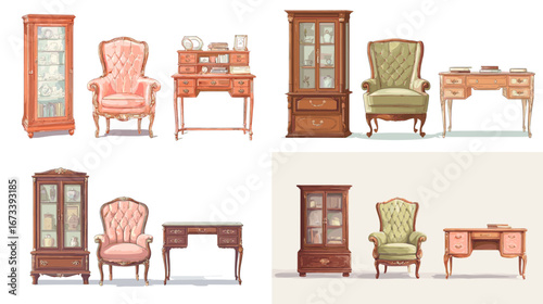 Vintage furniture illustration set including armchairs, desks, and cabinets. Classic antique interior design elements in elegant hand-drawn style.
