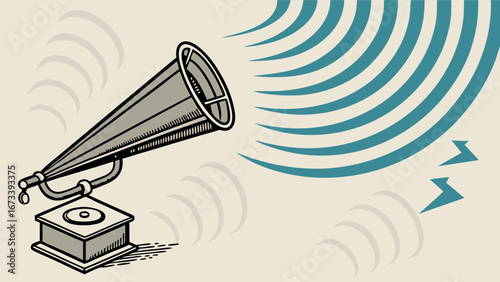 Vintage Gramophone with Sound Waves.