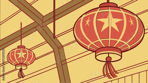 Red and Gold Lanterns Hanging from Ceiling Asian Style Decor Festive Illustration.