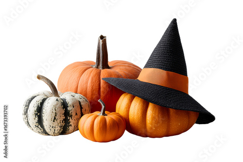 Bright pumpkins with witch hat for Halloween decor
