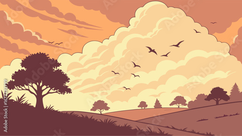 Sunset Landscape Illustration with Birds and Rolling Hills.