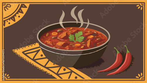 A steaming bowl of flavorful stew with chili peppers.