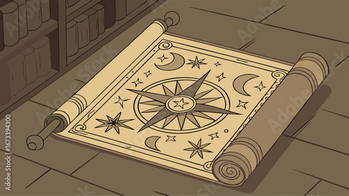 A Rolled-Up Scroll with Magical Symbols on a Wooden Floor.
