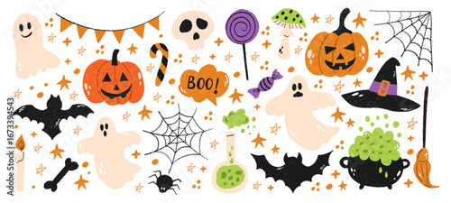 Hand Drawn Halloween Doodle Clipart Set with Pumpkins, Ghosts, Bats and Candies
