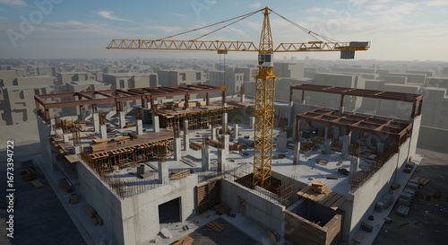 Construction Site with Yellow Crane Building Structure in Cityscape View