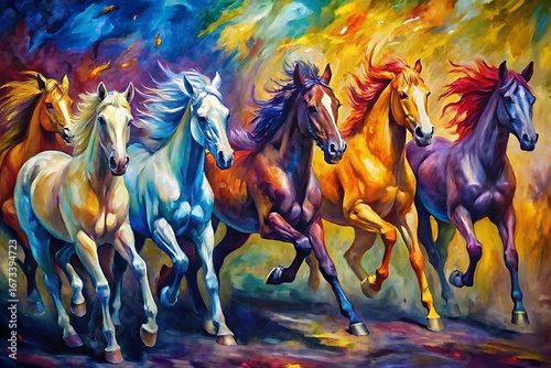 Vibrant Painting of Running Horses Symbolizing Strength and Unity in Colorful Surroundings

