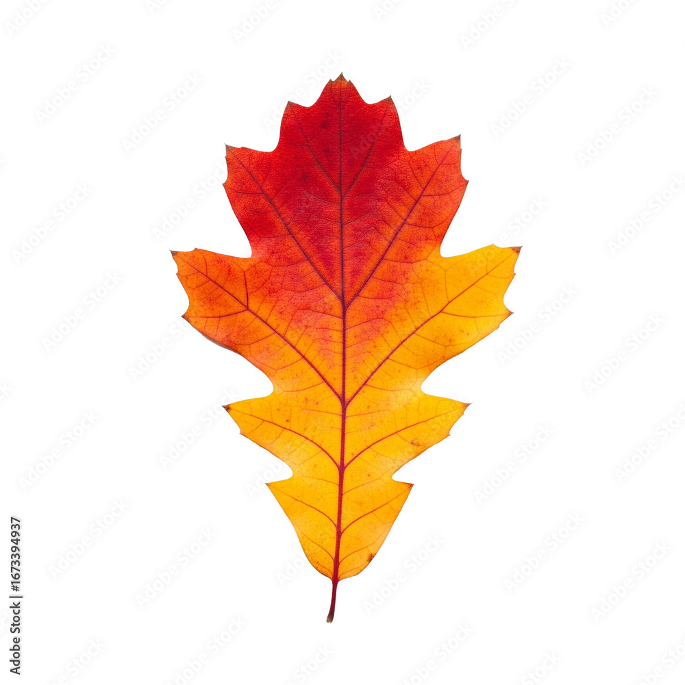 Obraz premium Vibrant Autumn Oak Leaf with Red Orange and Yellow Color Gradient, Isolated on Transparent Background